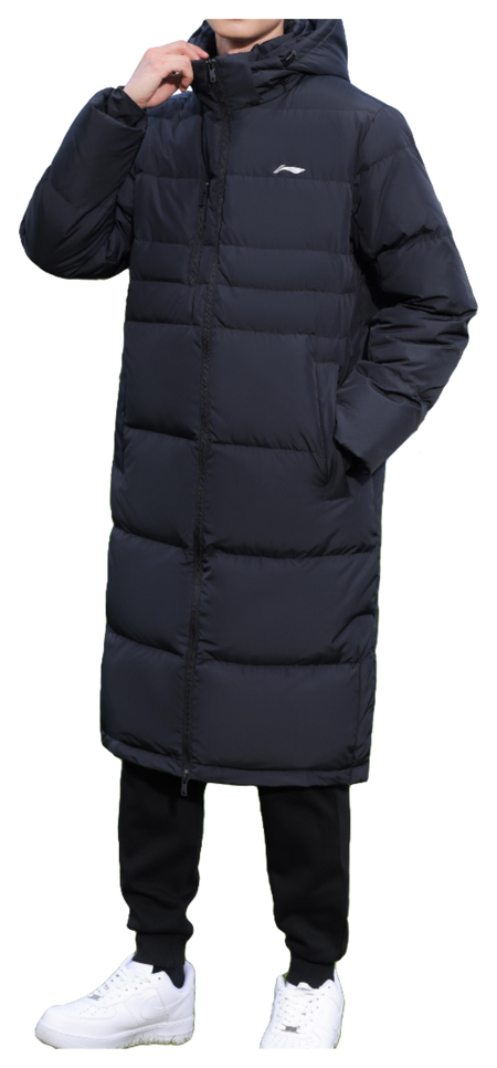 Men's black long puffer down jacket with hood, quarter profile, zip front