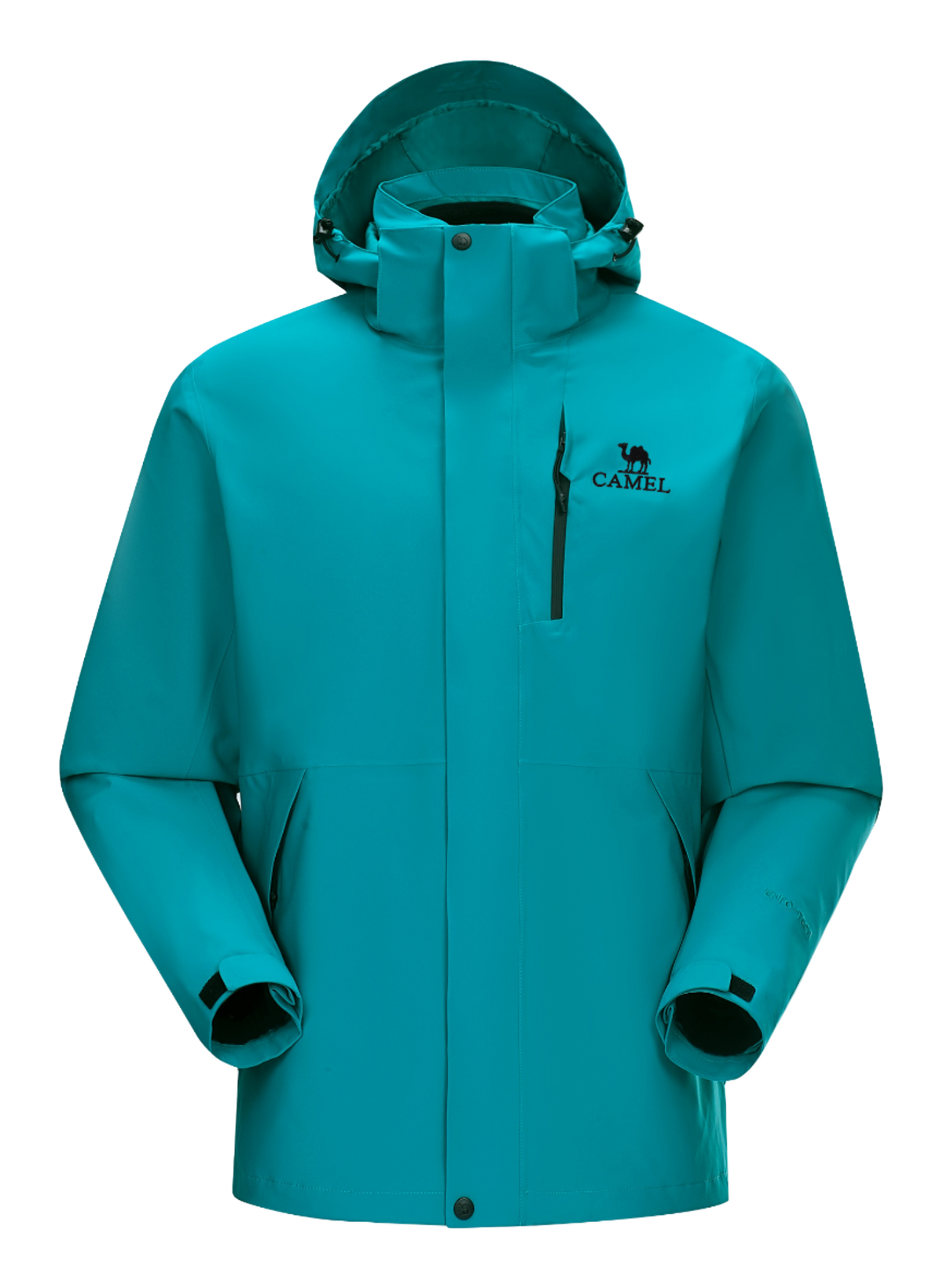 Teal hooded waterproof jacket with full-zip and drawcord hood; chest logo.