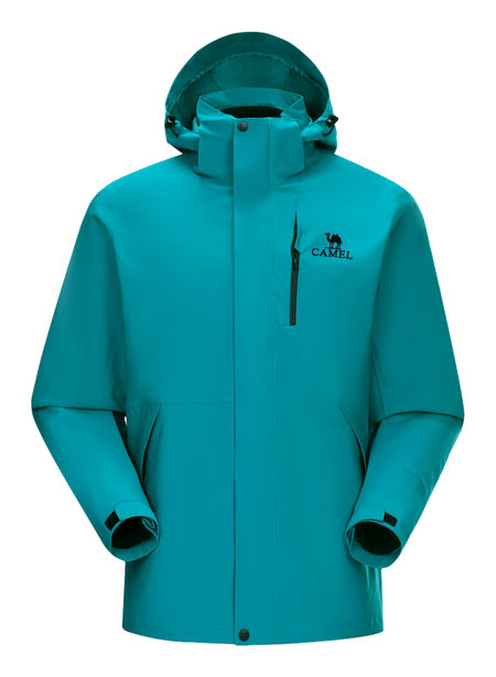 Teal hooded waterproof jacket with full-zip and drawcord hood; chest logo.