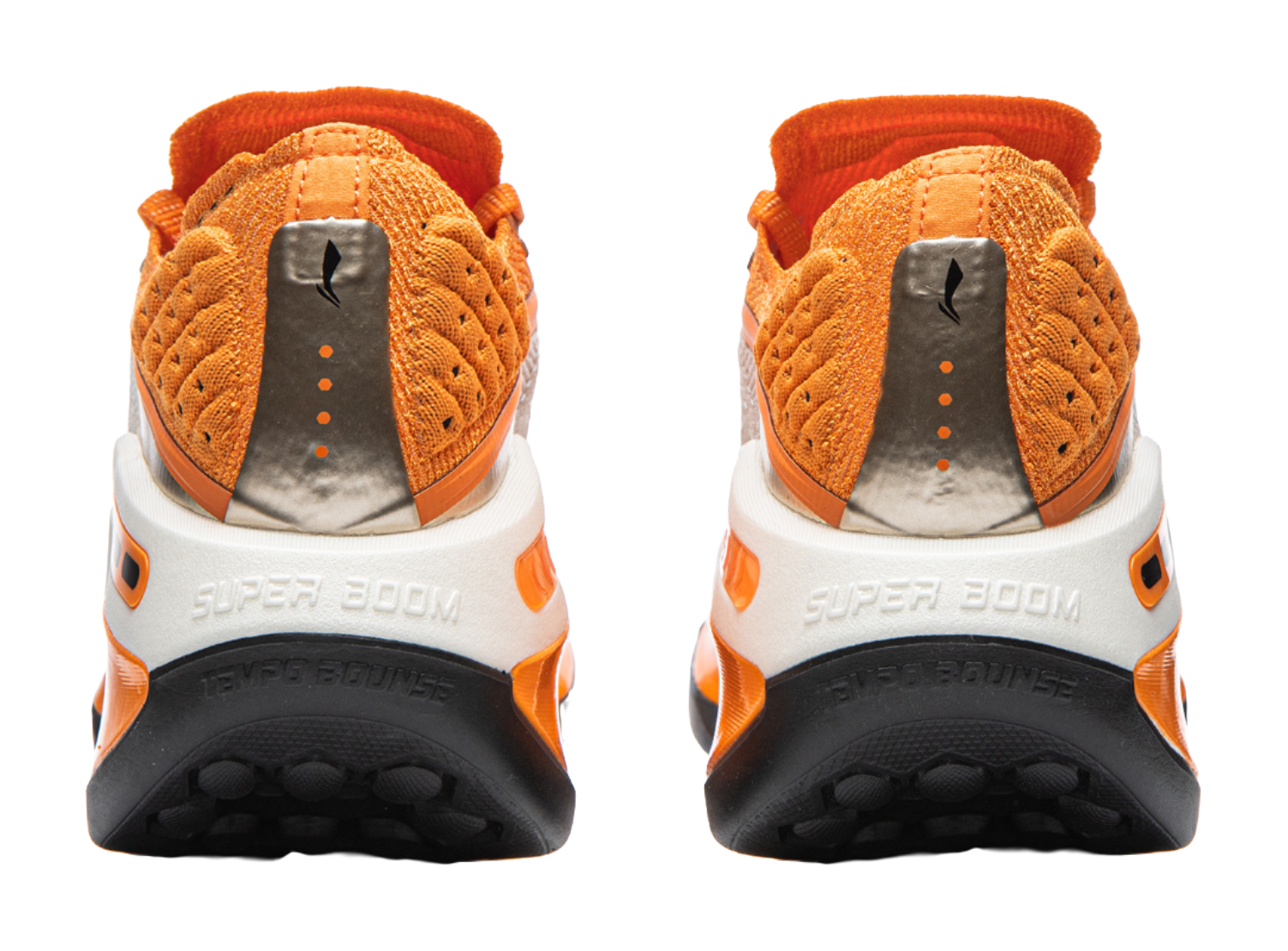 Li-Ning Shadow running shoe heel view with orange upper, white details, and black outsole tread