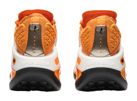 Li-Ning Shadow running shoe heel view with orange upper, white details, and black outsole tread