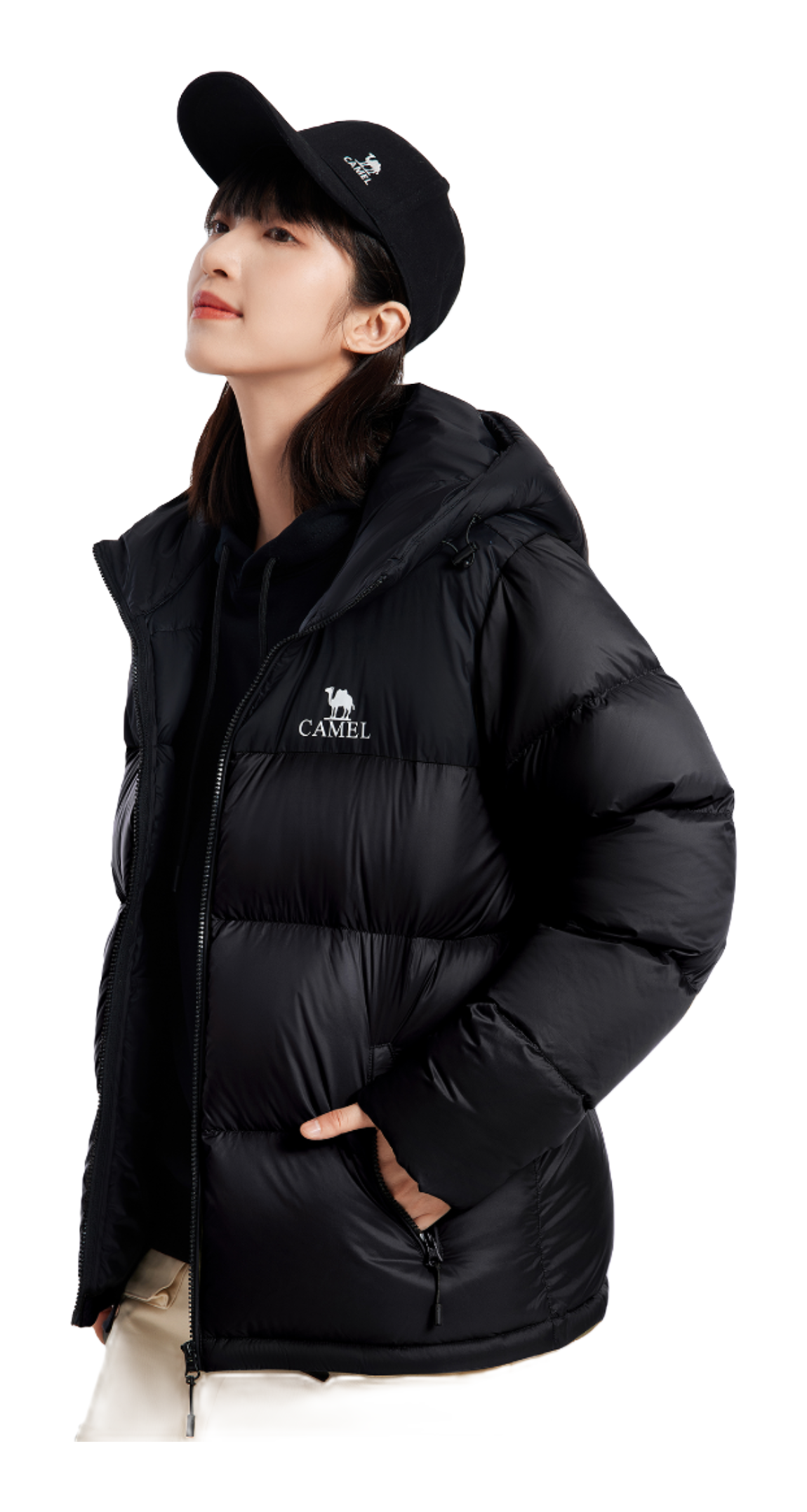 Black hooded down jacket, full-zip puffer, quilted baffles with logo