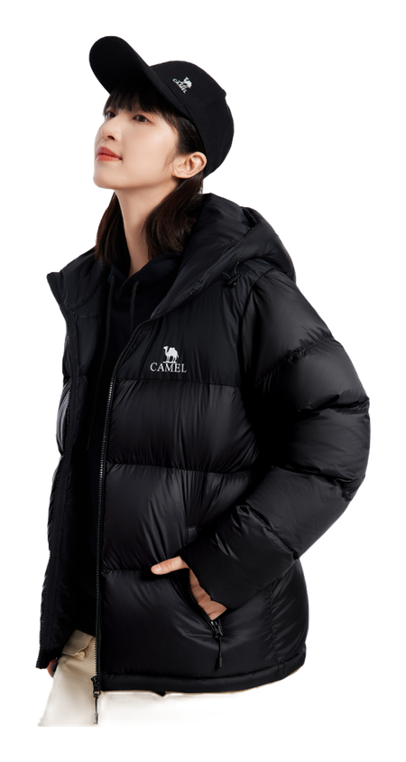 Black hooded down jacket, full-zip puffer, quilted baffles with logo