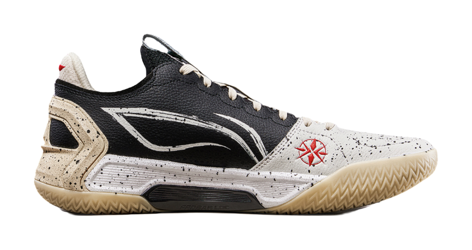 Li-Ning basketball shoe, black and white upper with red emblem and gum sole