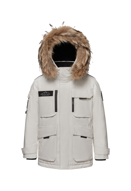 Off-white winter down jacket with faux-fur hood and chest flap pockets