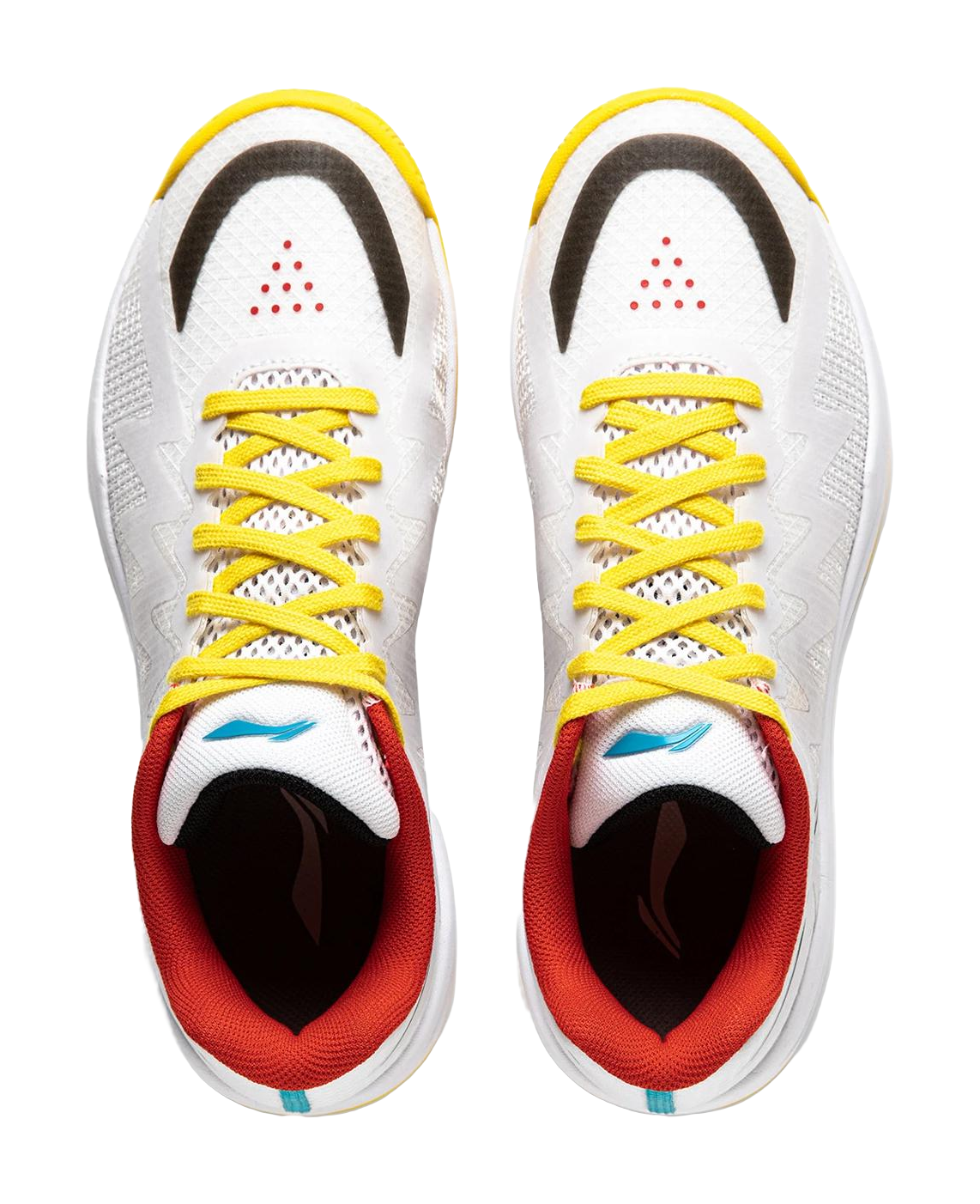 Pair of white table tennis shoes with yellow laces, red inner lining, teal accent