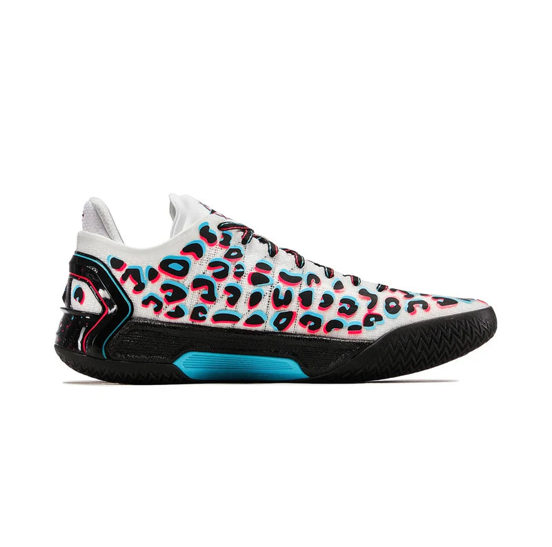 Low-top basketball shoes, side view, white upper with blue-pink graphic and black sole