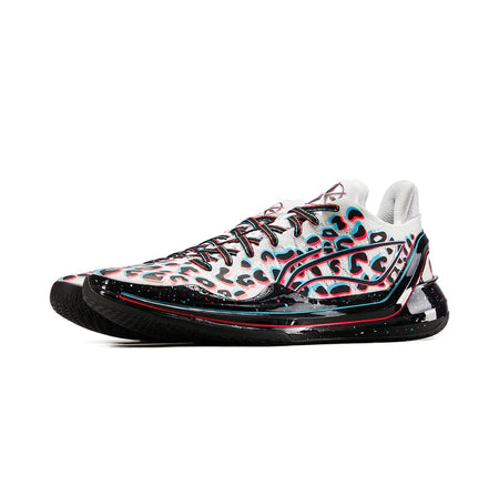 Low-top basketball shoes, 3/4 view, white upper with blue-pink animal print and black midsole
