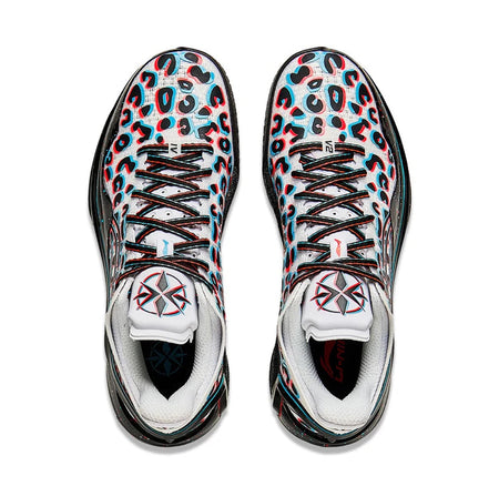 Basketball shoes pair with white laces, blue-pink animal print tongues, and white toe boxes