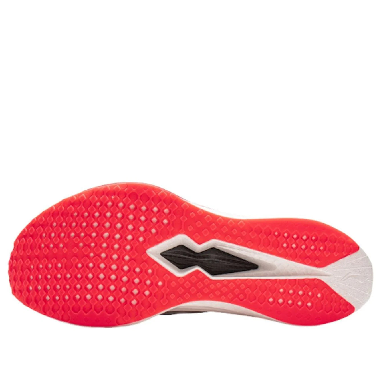 Running shoe outsole with red textured tread and white midfoot panel