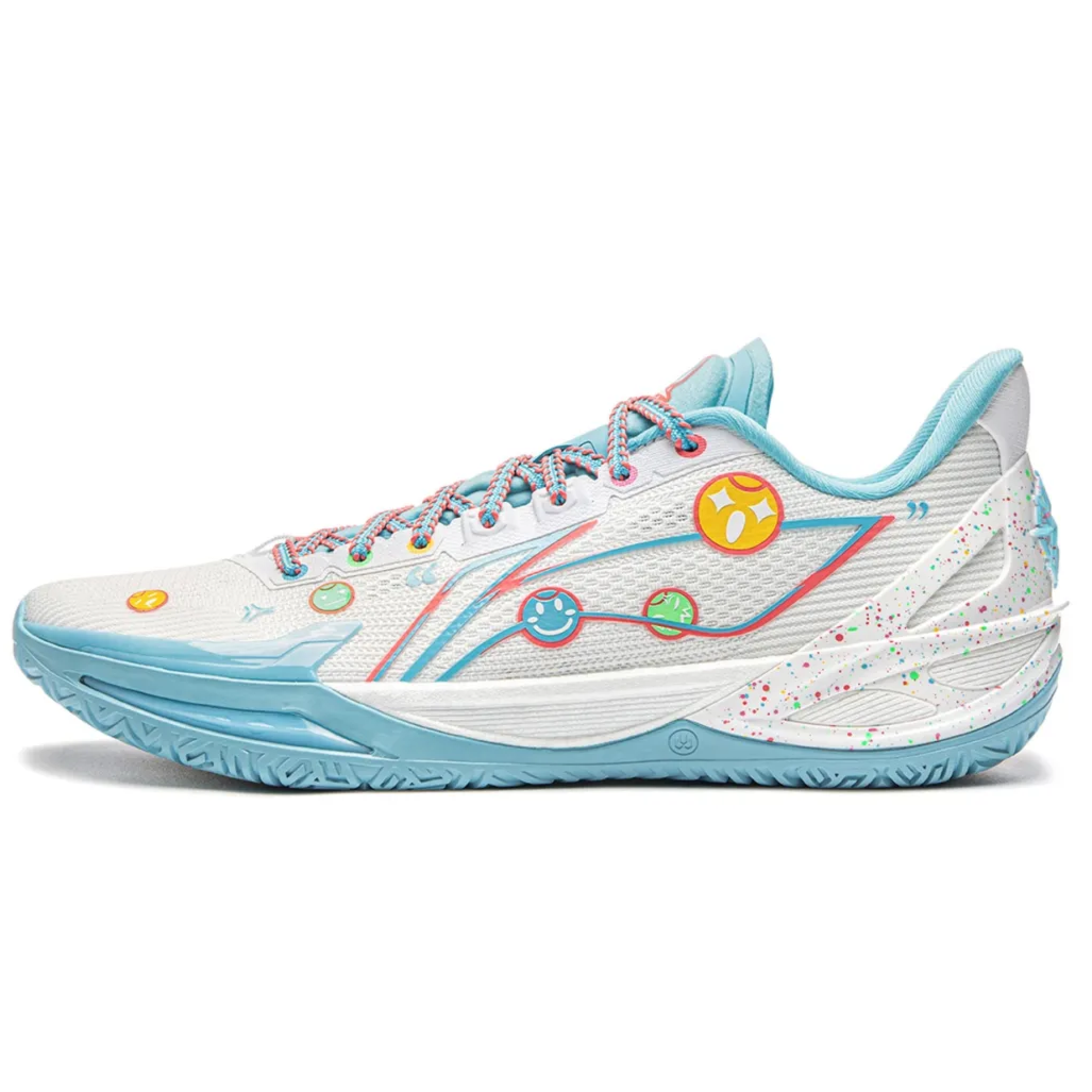 Basketball shoe, white mesh upper with light-blue trim and red multicolor laces
