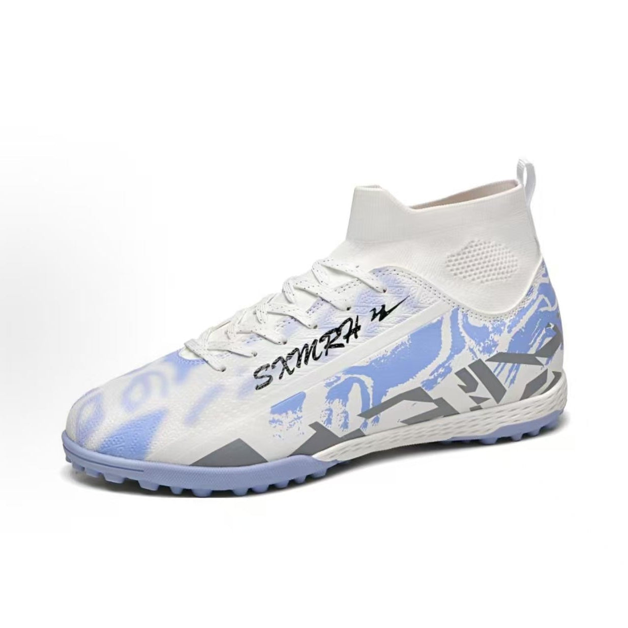Unisex white and blue TF soccer shoe with mesh sock collar and graphic side stripes