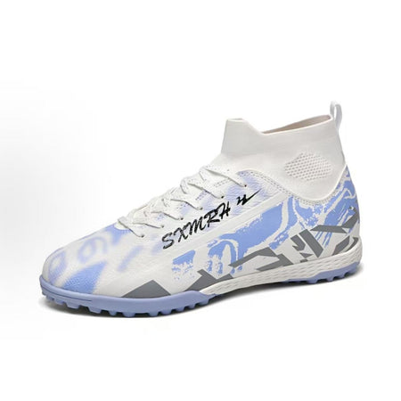Unisex white and blue TF soccer shoe with mesh sock collar and graphic side stripes