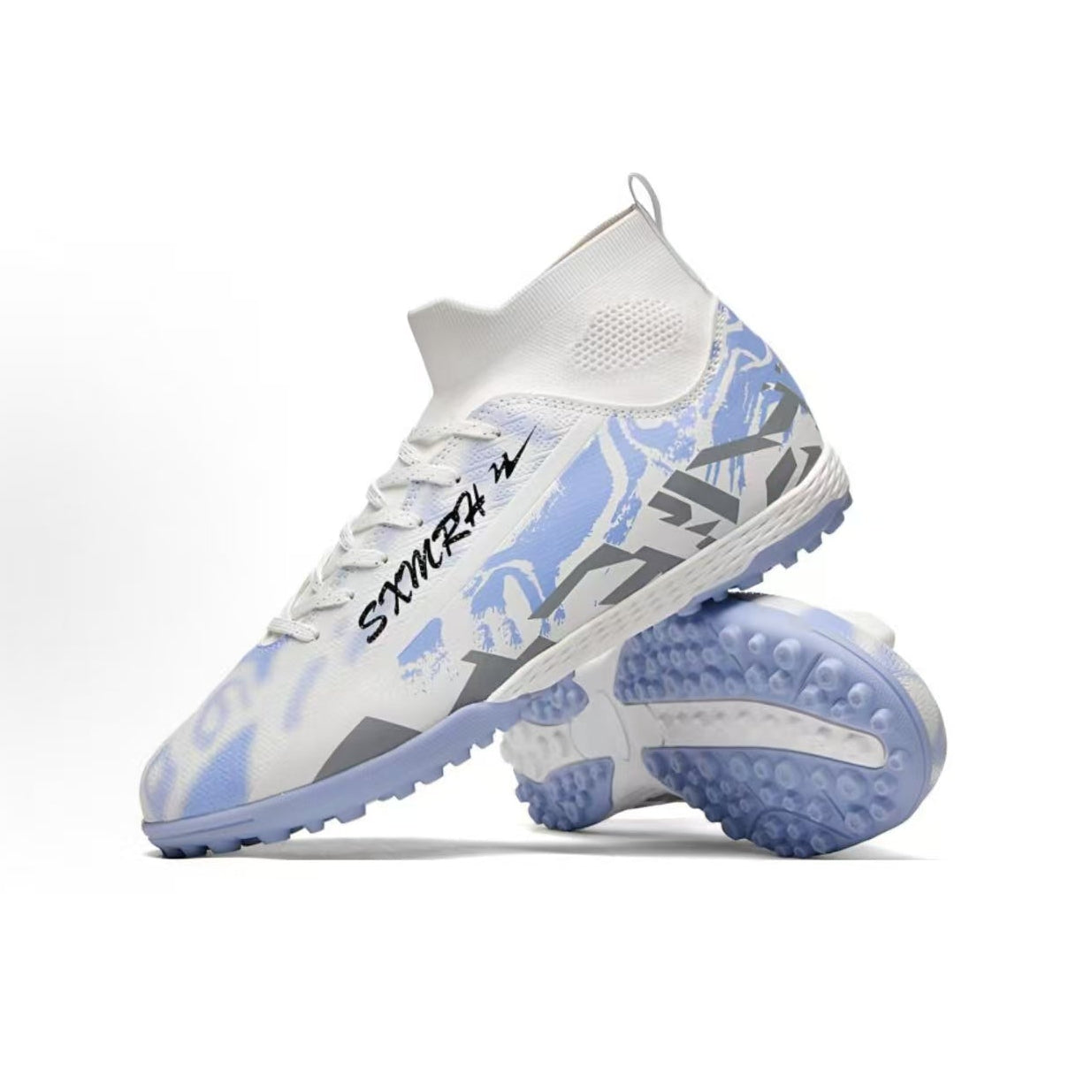 Unisex white and blue TF soccer shoe with side graphic and turf outsole studs