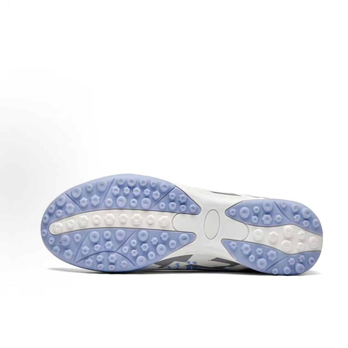 Unisex white and blue TF soccer shoe sole with circular turf studs and traction pattern