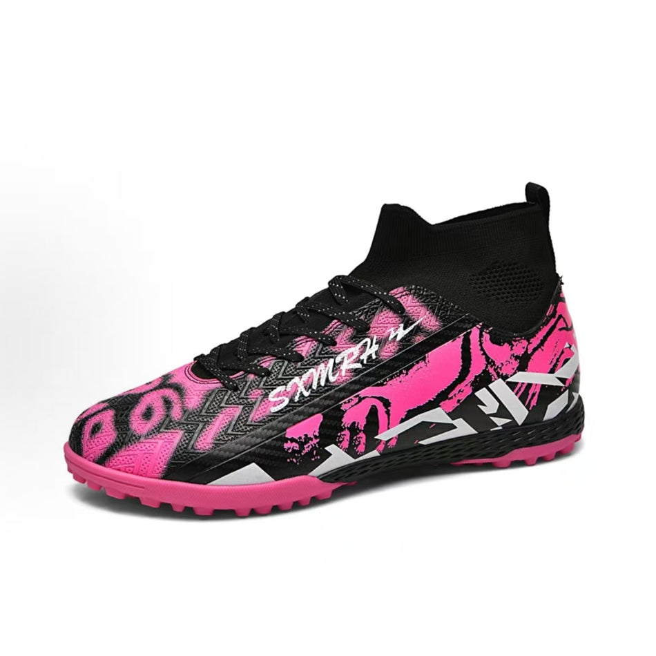 Soccer shoe with black and bright pink graphic print, knit collar, and laces
