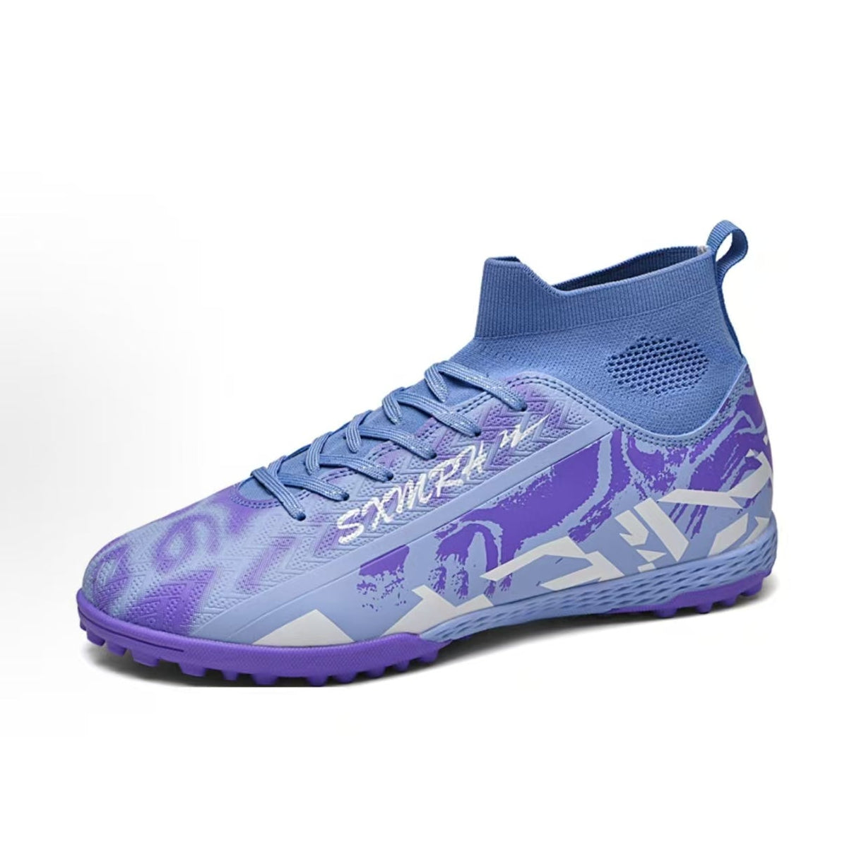 Light blue knit high-top TF soccer shoe with purple graphic side and molded sole