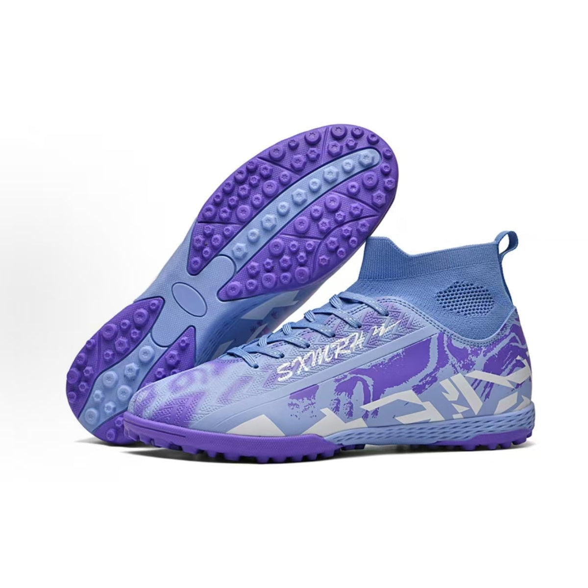 TF soccer shoe outsole with purple studded tread and light blue upper in view