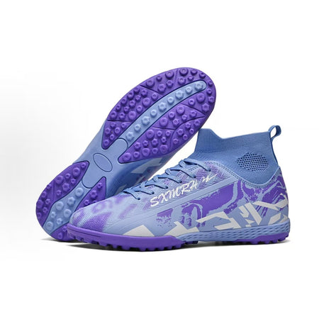 TF soccer shoe outsole with purple studded tread and light blue upper in view