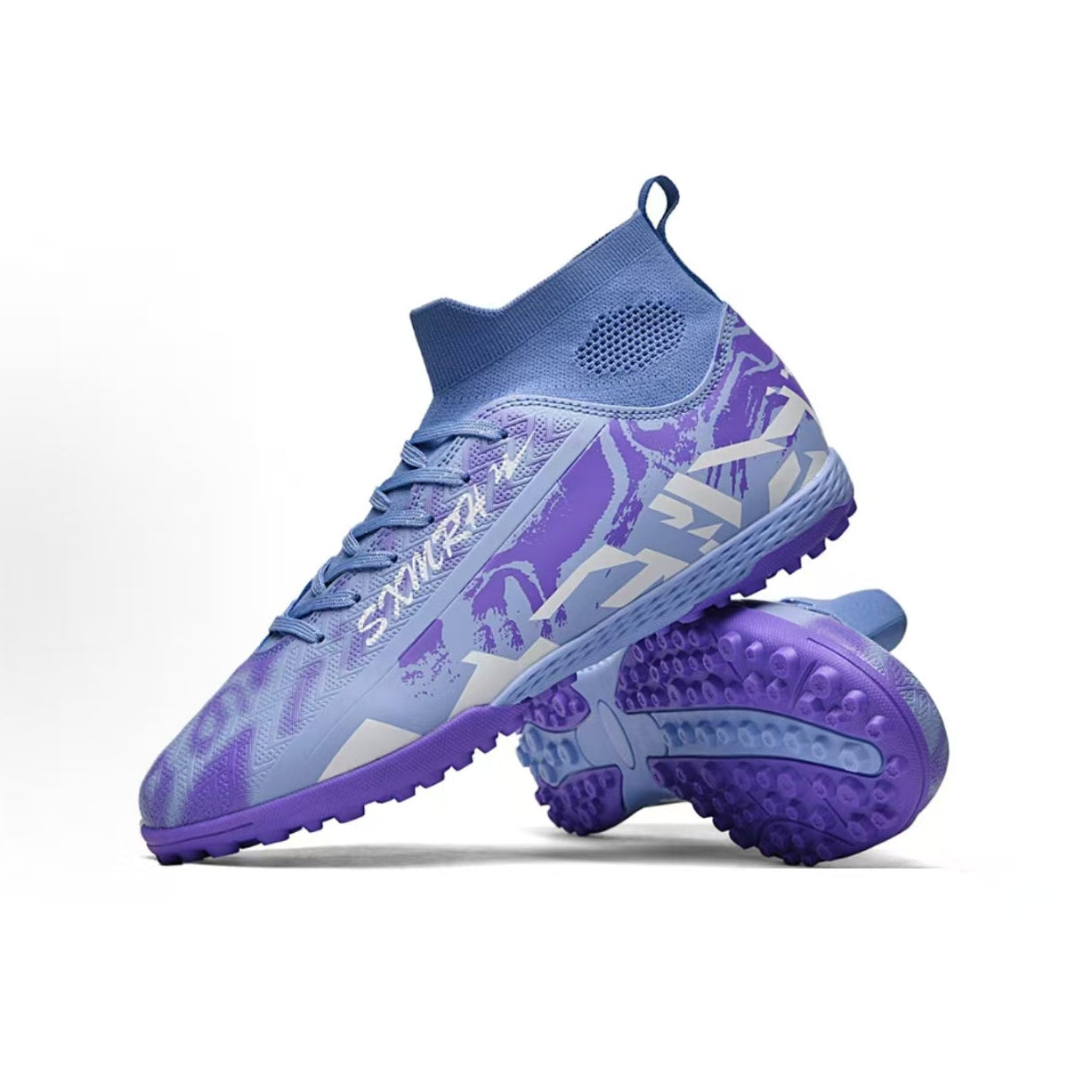 High-top TF soccer shoe with lace-up vamp, purple/blue graphics, and studded sole