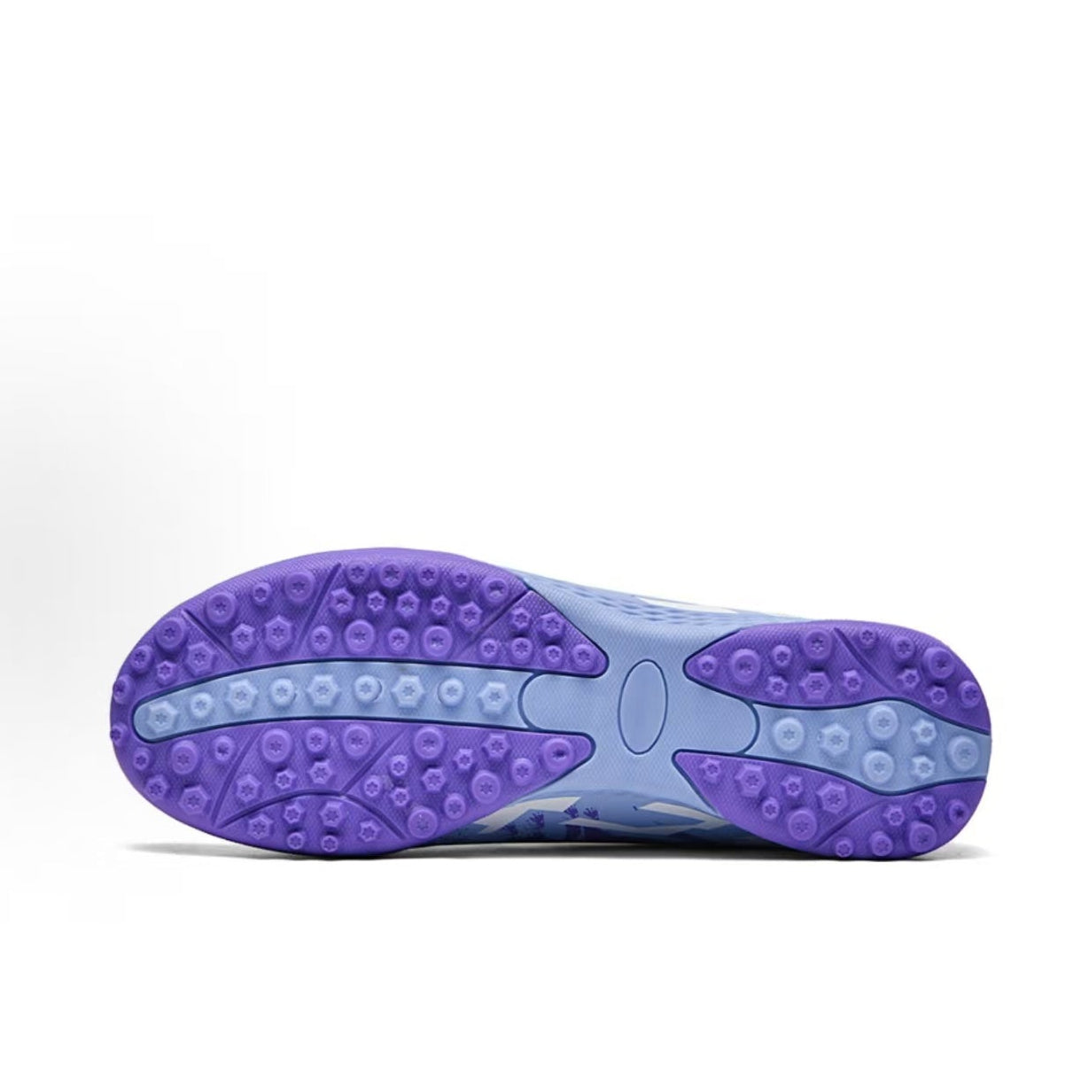 Purple studded TF soccer shoe outsole with textured rubber pods