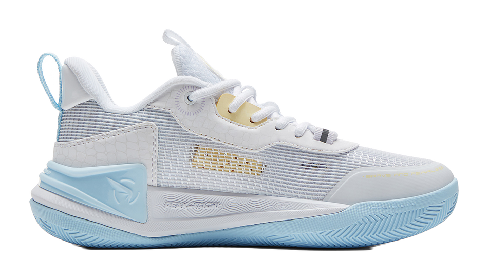 Women's white basketball shoes with light blue sole, mesh panels, lace-up
