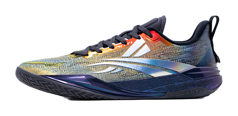 Volanti basketball shoes, multicolor knit with black laces and blue/purple accents