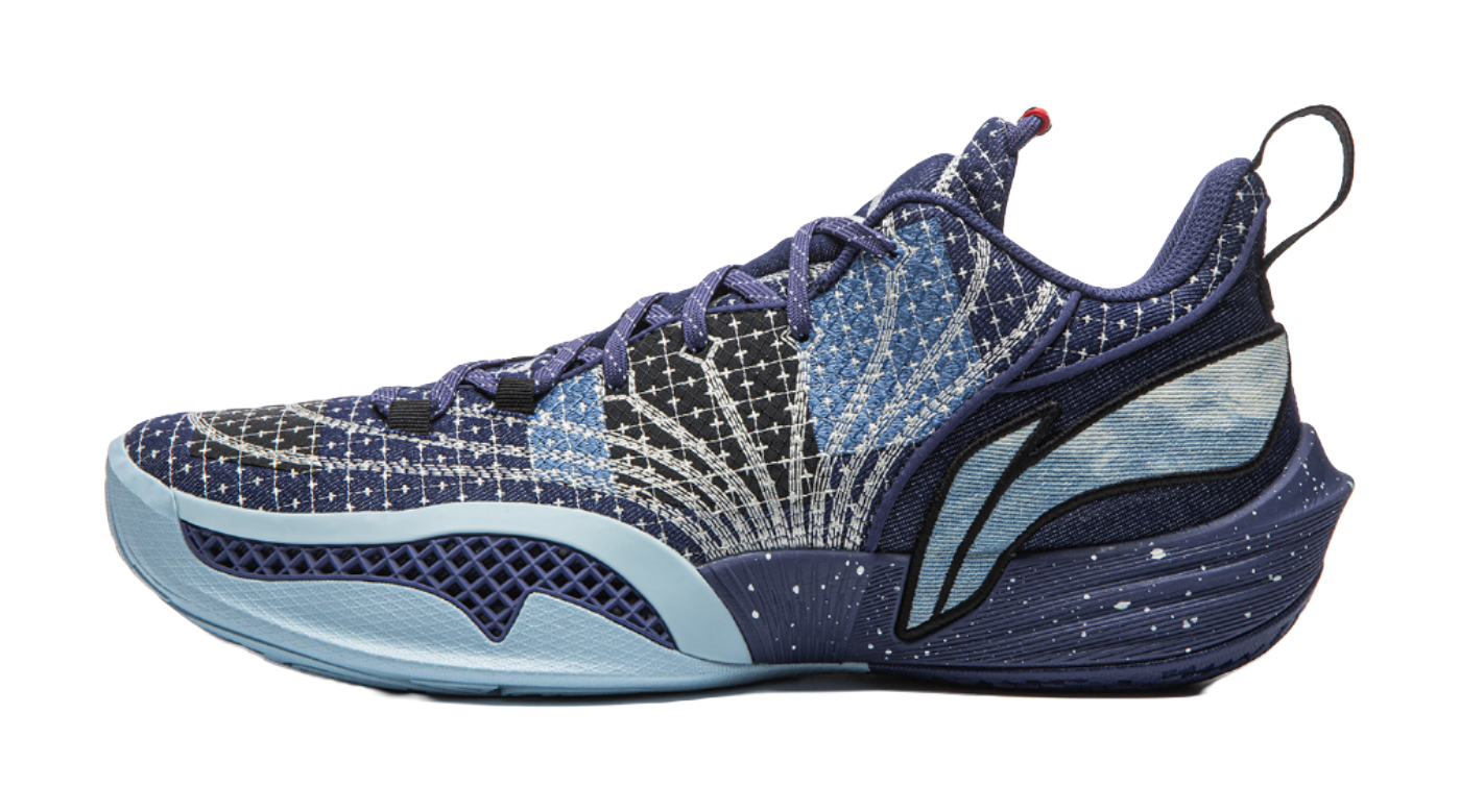 Li Ning low-top basketball shoes in deep blue, speckled knit and curved midsole