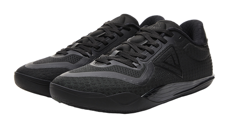 Black lace-up basketball shoe with padded collar and textured toe guard