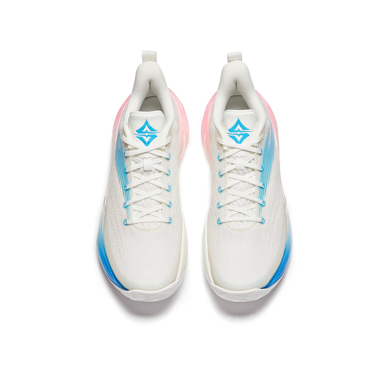 Pair of white basketball shoes with blue lace accents and pink heel details