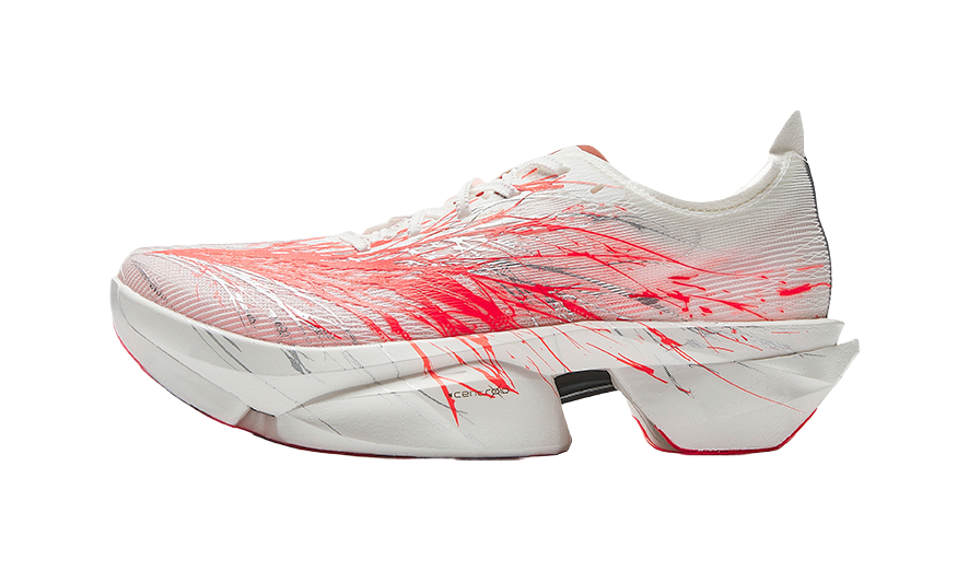 Women’s low-top running shoe with white knit upper and red graphic accents, cushioned sole