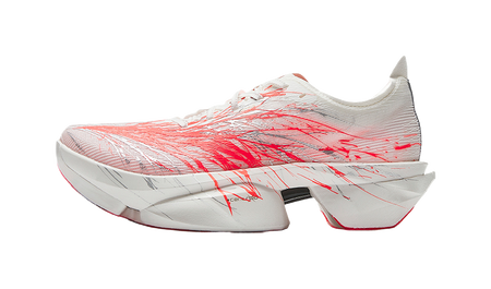 Women’s low-top running shoe with white knit upper and red graphic accents, cushioned sole