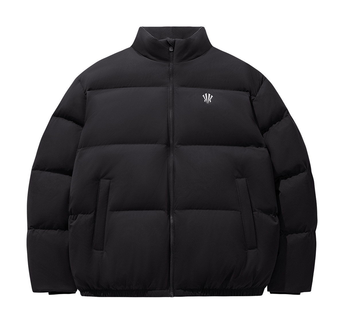 Black puffer down jacket with high stand collar and full front zipper