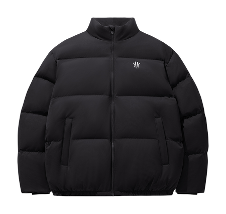 Black puffer down jacket with high stand collar and full front zipper