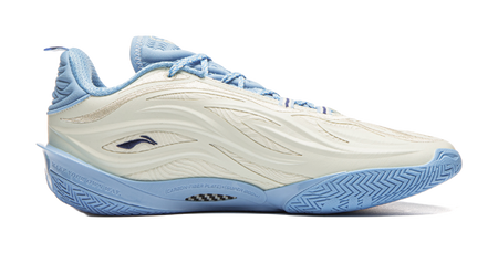 Unisex basketball shoe side view in milky white and light blue with sculpted stripes.