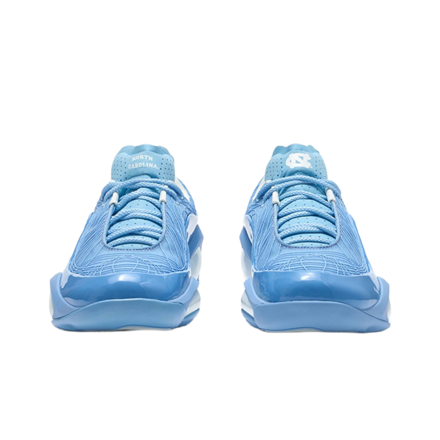 Front view of blue lace-up basketball shoes with perforated toe and tongue branding