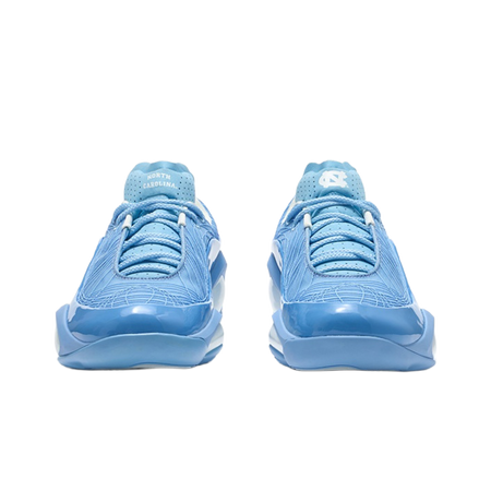 Front view of blue lace-up basketball shoes with perforated toe and tongue branding