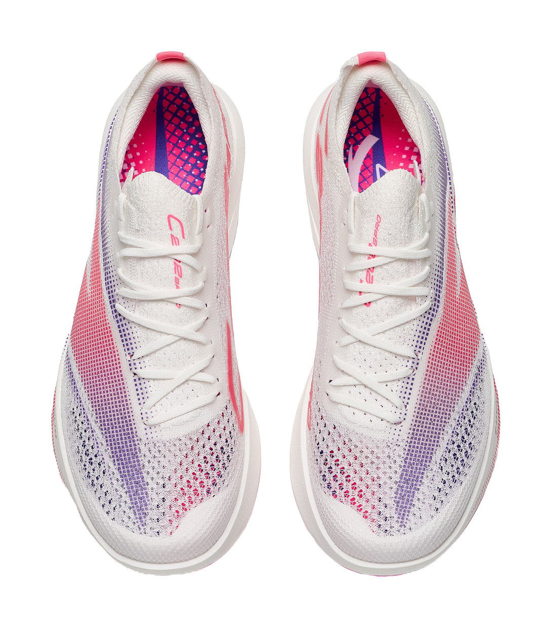 Pair of low-cut running sneakers in white with purple-red knit panels and laces