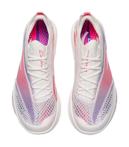 Pair of low-cut running sneakers in white with purple-red knit panels and laces