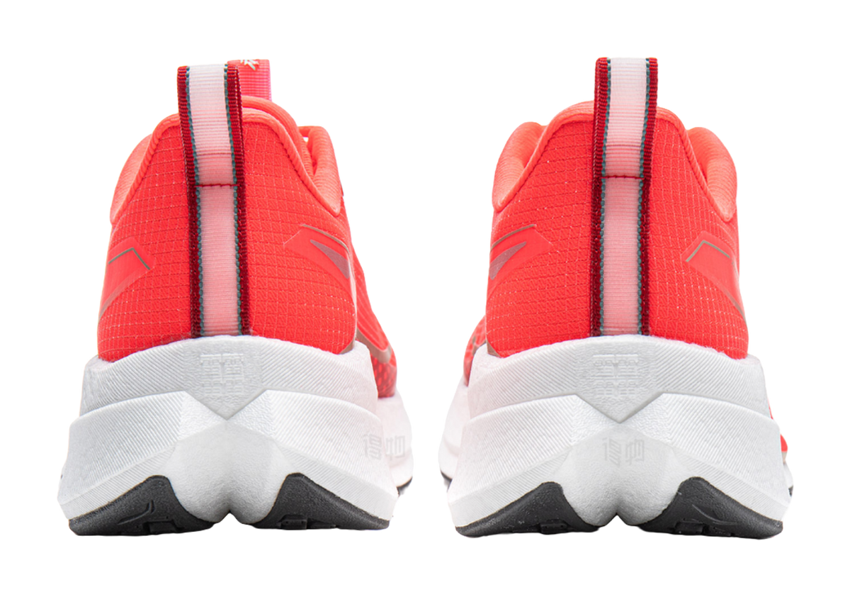 Li-Ning red running shoe pair, heel view with padded collar and white midsole