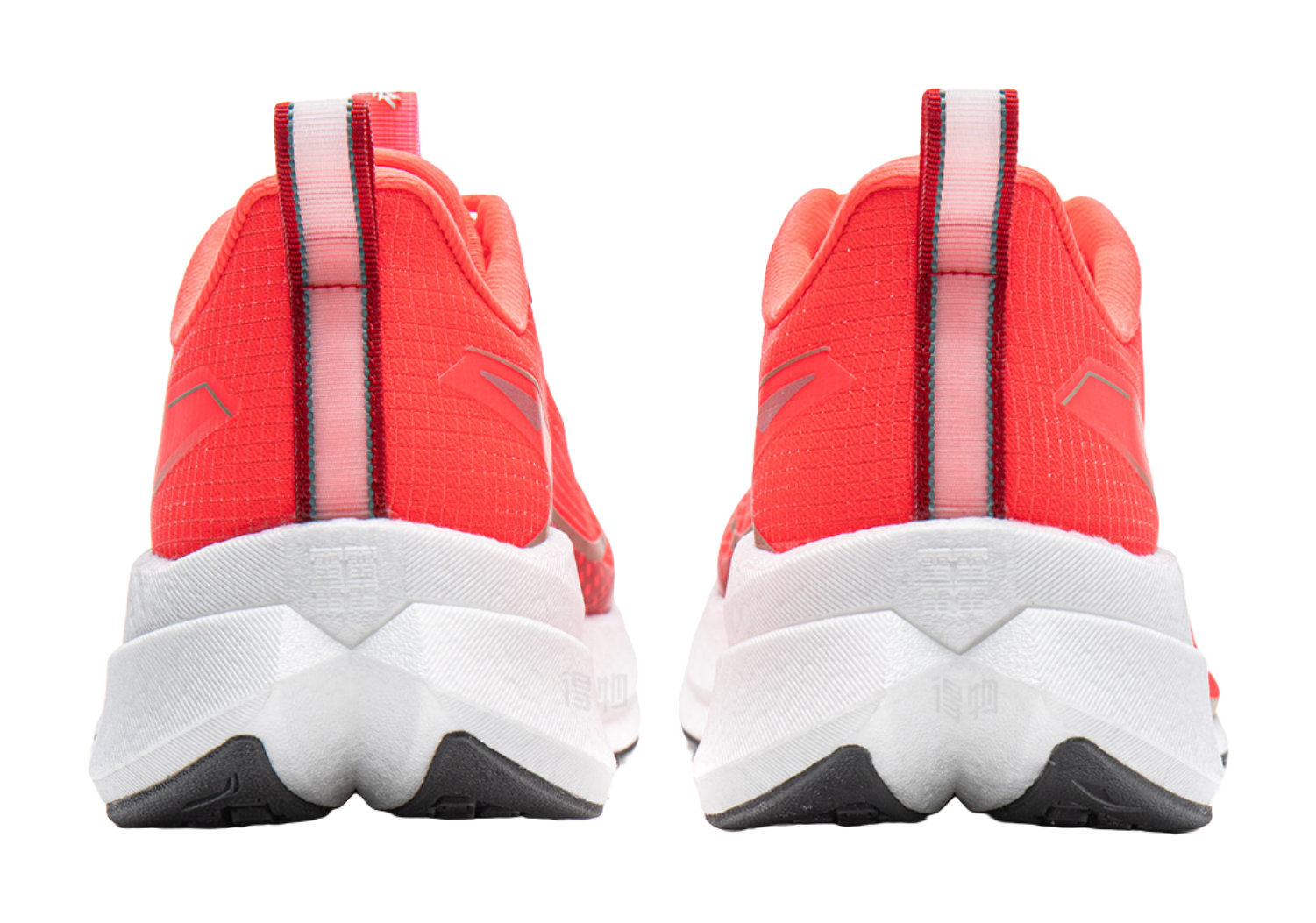 Li-Ning red running shoe pair, heel view with padded collar and white midsole