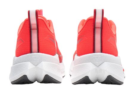 Li-Ning red running shoe pair, heel view with padded collar and white midsole