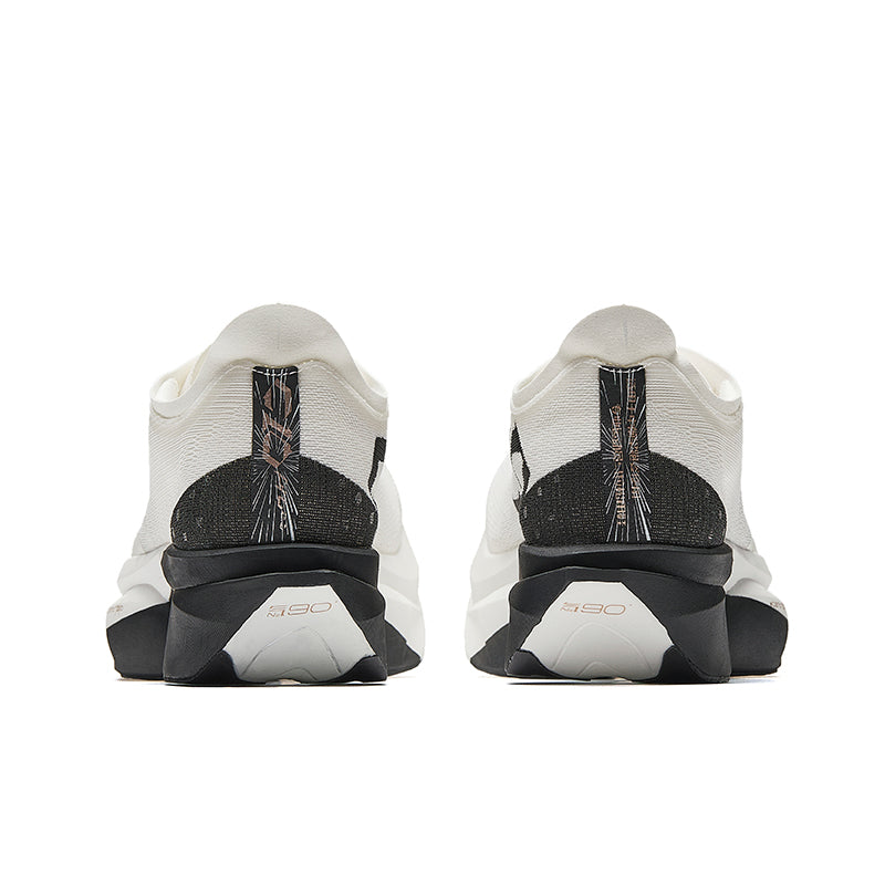 Unisex running shoes with white uppers and black heel counter, rear view.