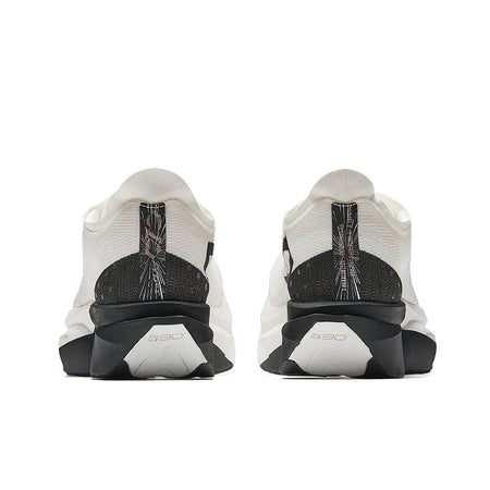 Unisex running shoes with white uppers and black heel counter, rear view.