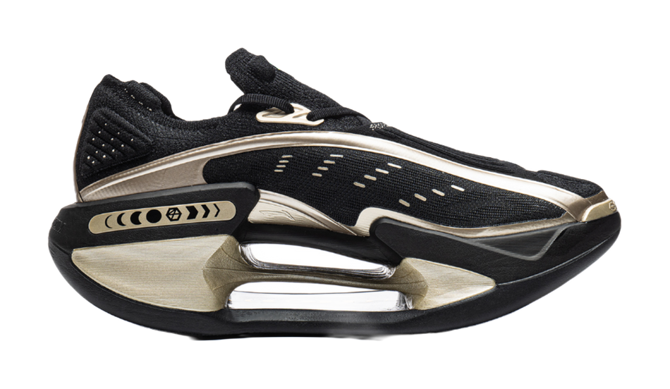 Black low-top running shoe side view with white midsole and gold trim