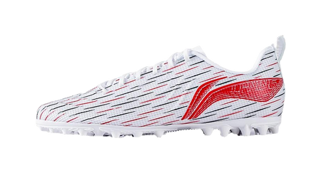 Youth soccer shoe with white upper and red flame panel; white cleated outsole