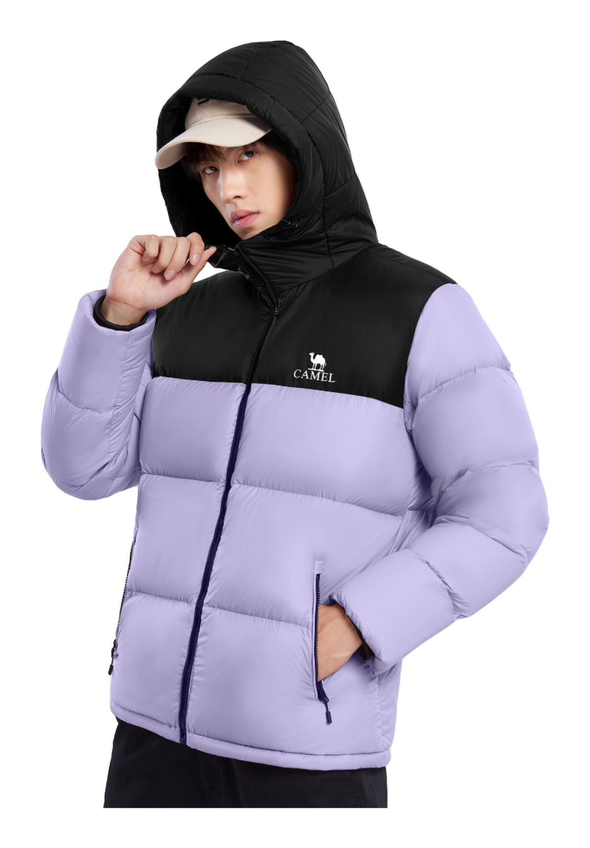 Unisex hooded down jacket in light purple with black yoke and full-zip front.