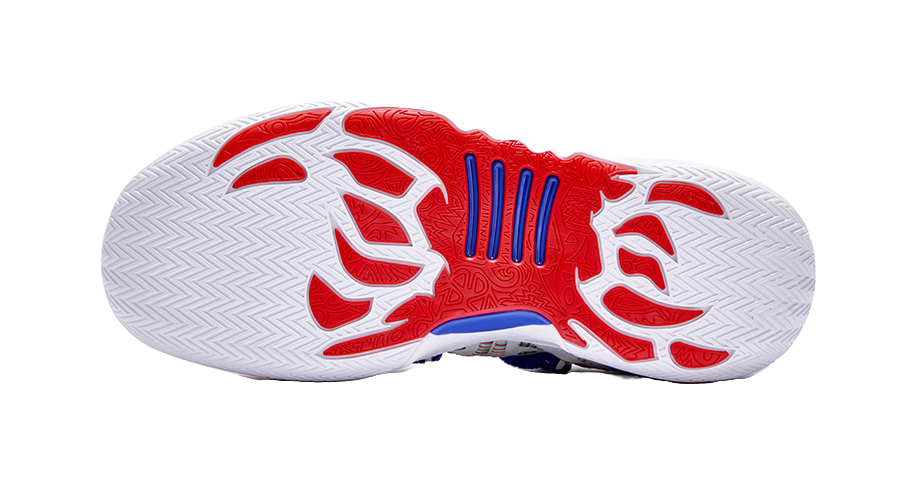 Basketball shoe outsole with white traction tread, red pattern areas, and blue accents