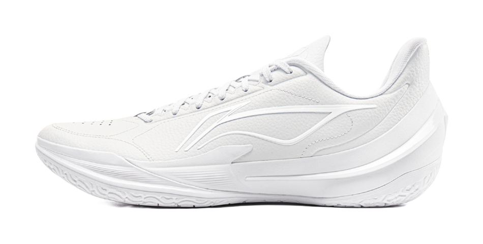Unisex white basketball shoe, side profile with lace-up closure and sculpted midsole.