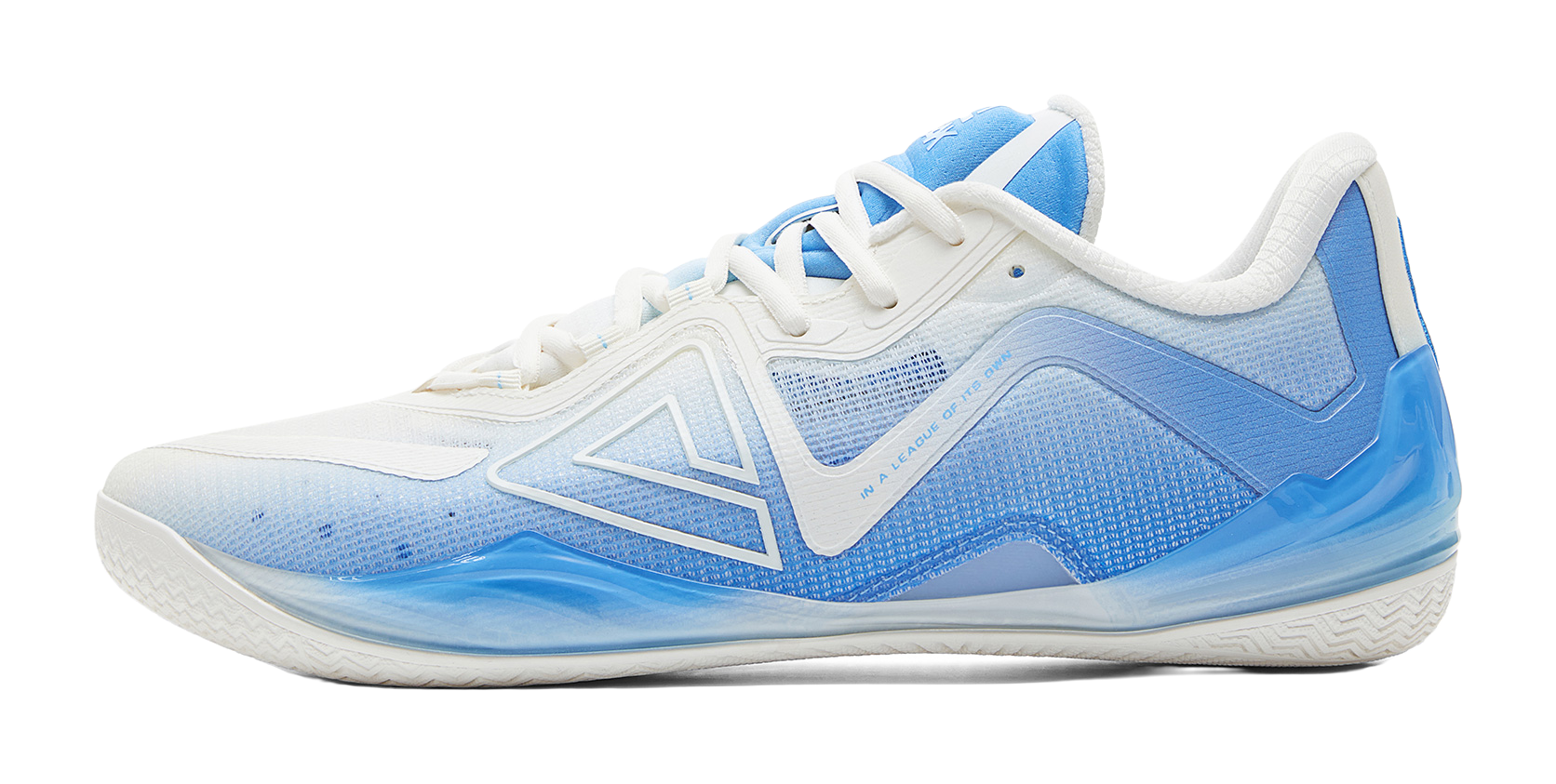 White and blue basketball shoe with lace-up front and angular logo overlays